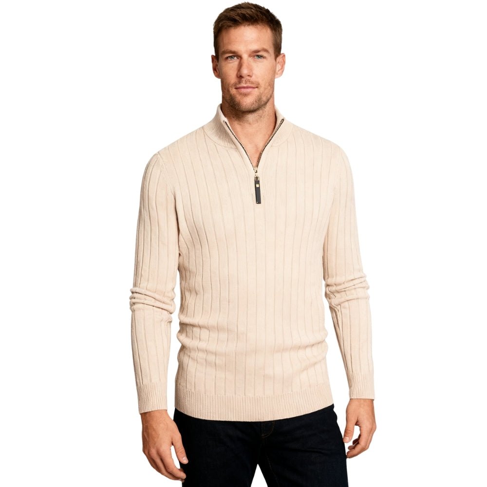 half-zip jumper, luxury knitwear, beige sweater for men, ribbed knit pullover, smart casual sweater.