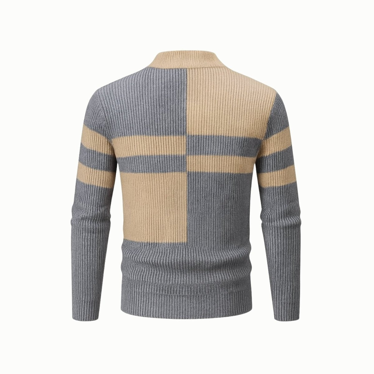 Rear product shot of the Kouvr men's long sleeve color block jumper, displaying the back panel design and knit details.