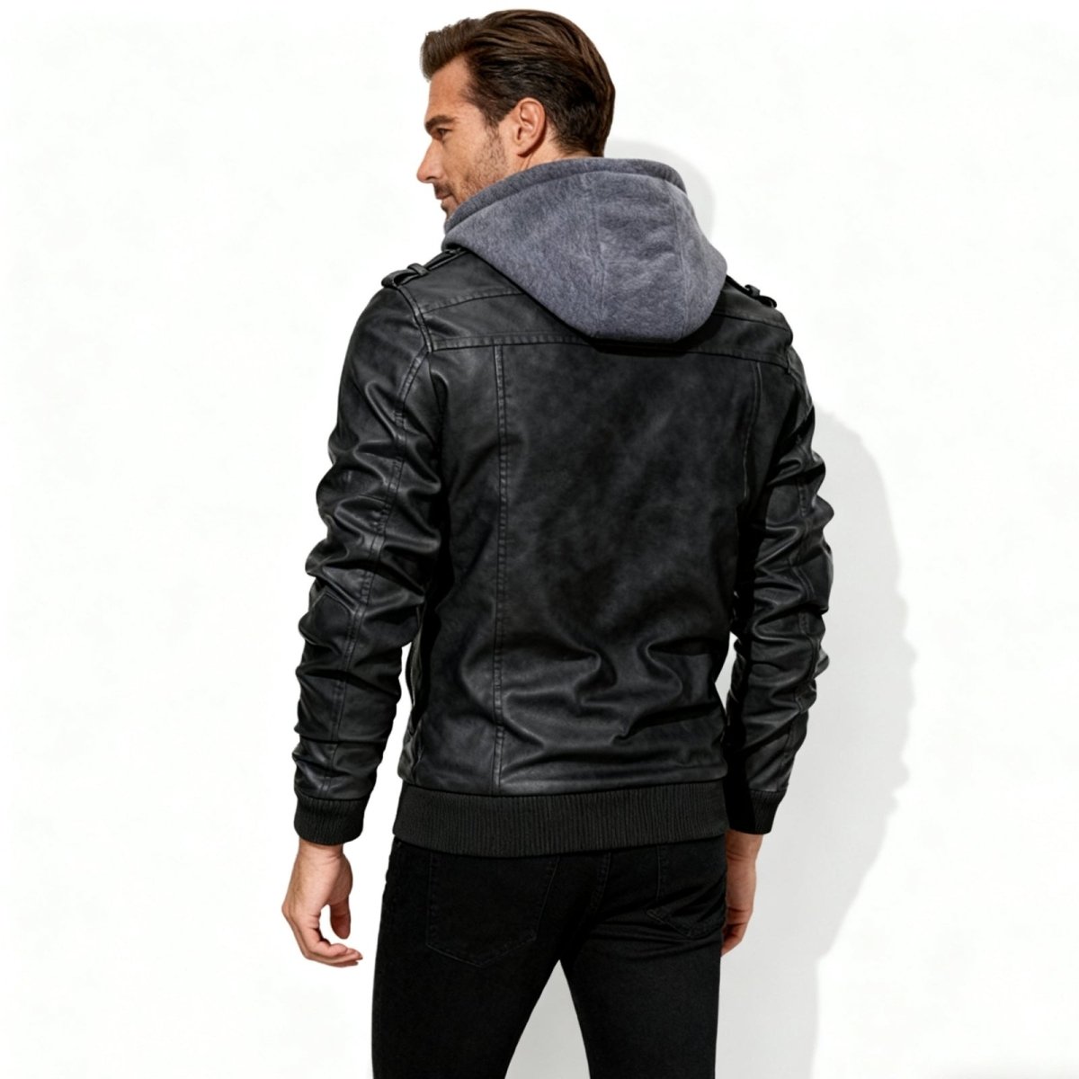 Back view of the Kouvr men's faux leather jacket, highlighting the panel construction and grey hood.