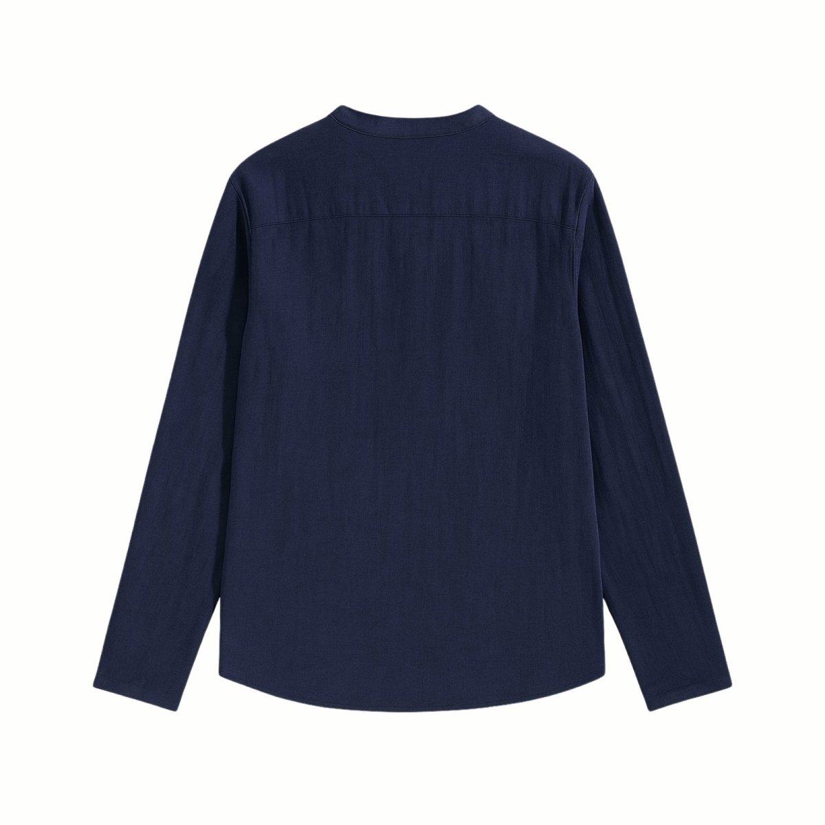 Flatlay product shot of the back of the Kouvr navy blue long-sleeve linen shirt, showing the clean design and yoke detail.