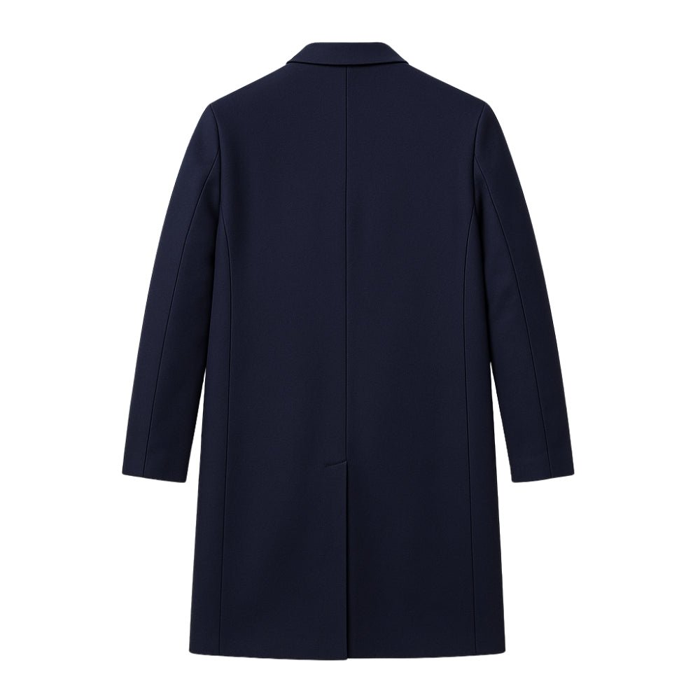 Navy Kouvr coat on a white background