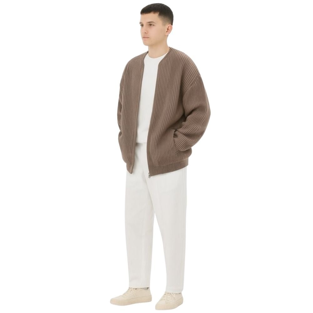 collarless bomber jacket," "men's full-zip sweater," "heavyweight knit," "minimalist cardigan," and "transitional layer