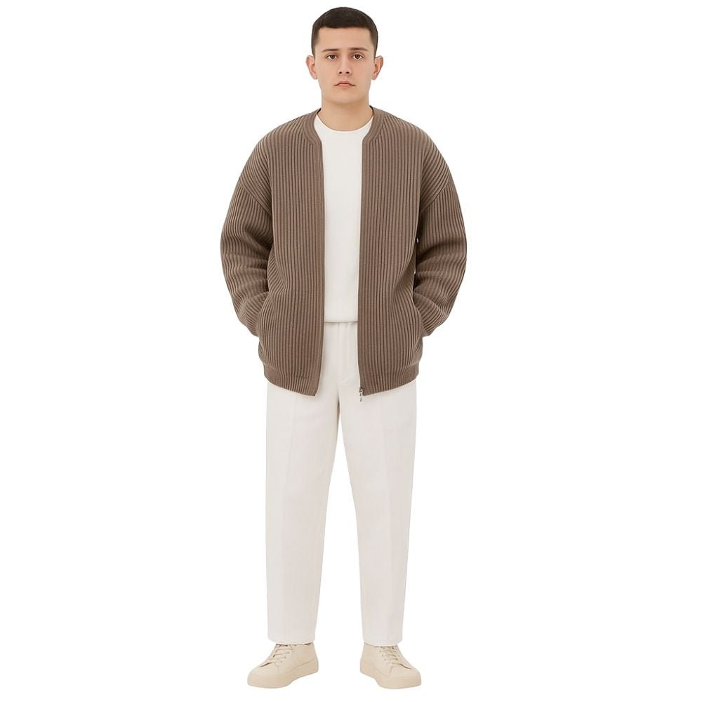 collarless bomber jacket," "men's full-zip sweater," "heavyweight knit," "minimalist cardigan," and "transitional layer