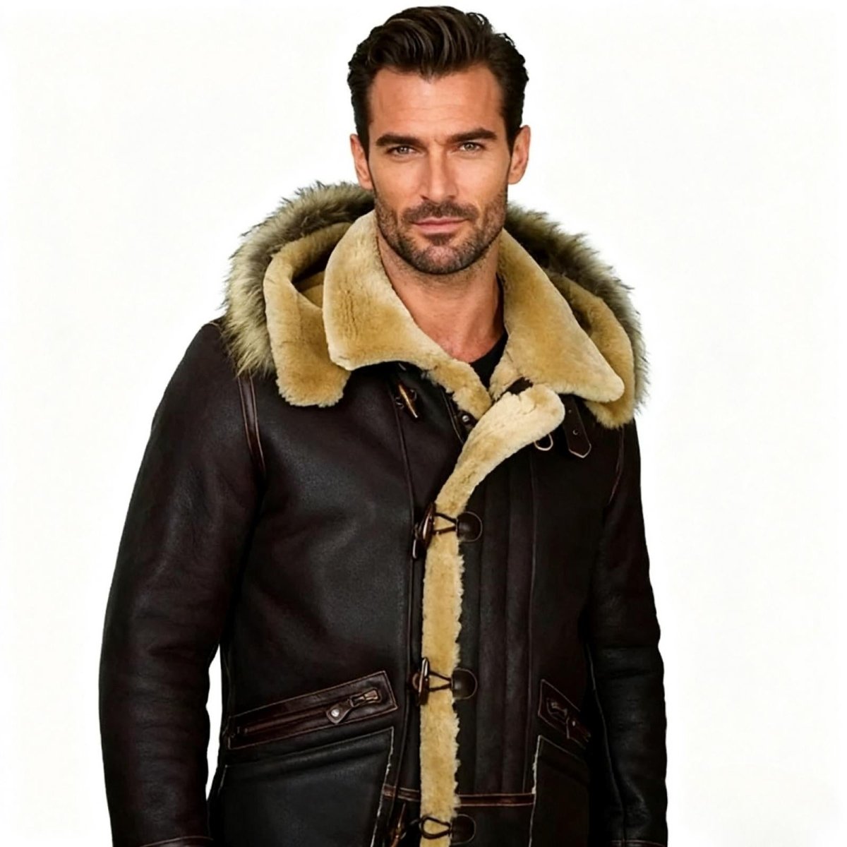 Interior tan fur lining detail of men's winter leather coat.