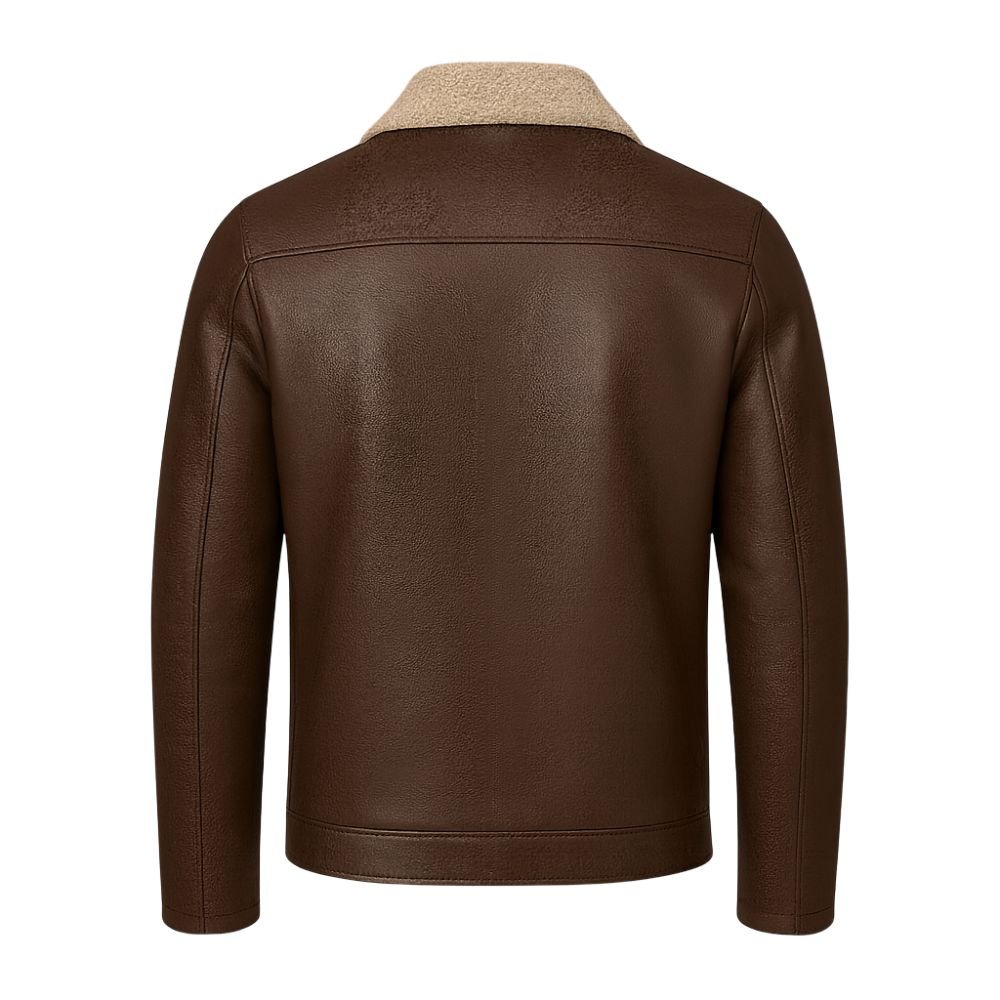 Man wearing the Kouvr Fashion dark brown leather aviator jacket with a cream shearling collar