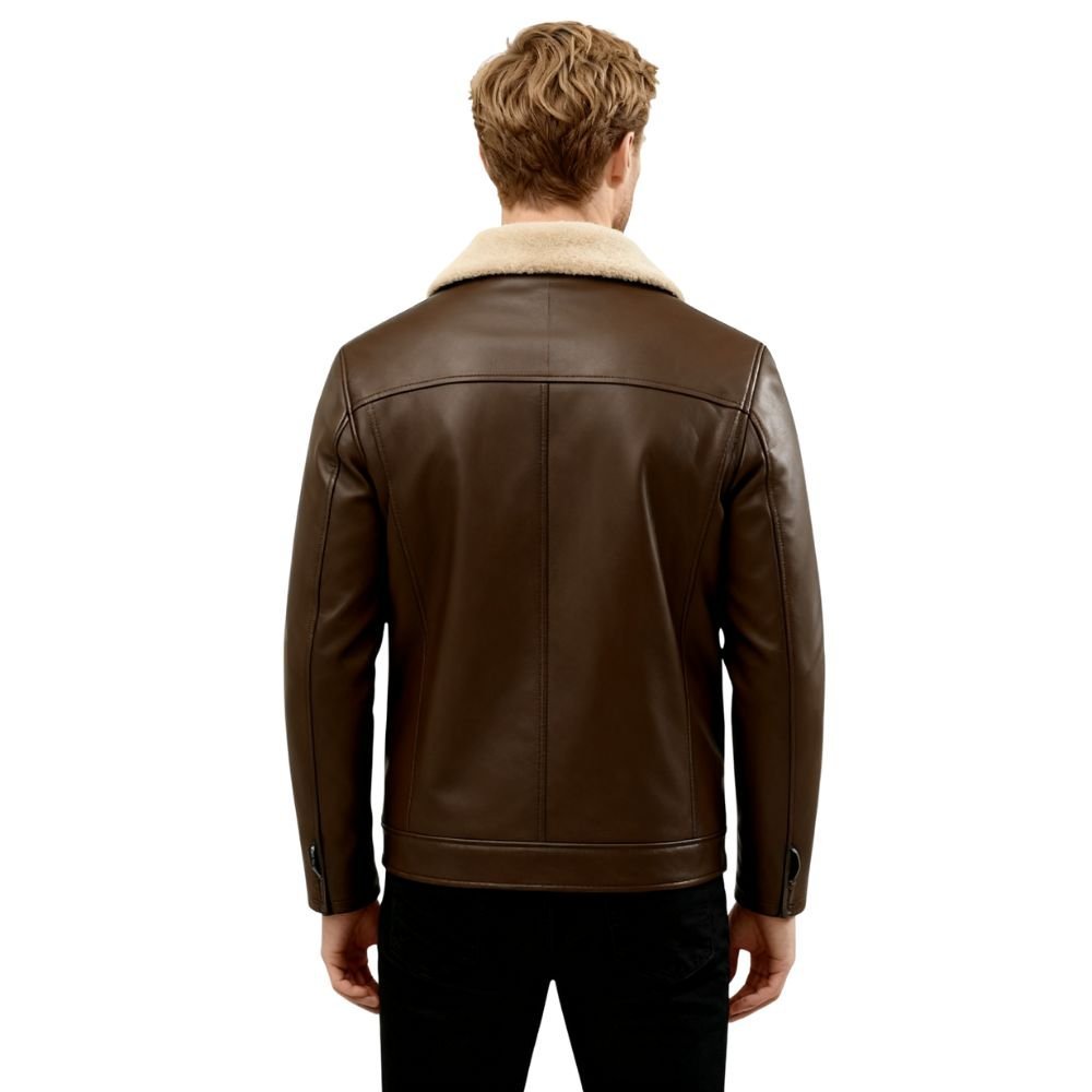 Dark Brown kouvr leather jacket with fur collar on a white background