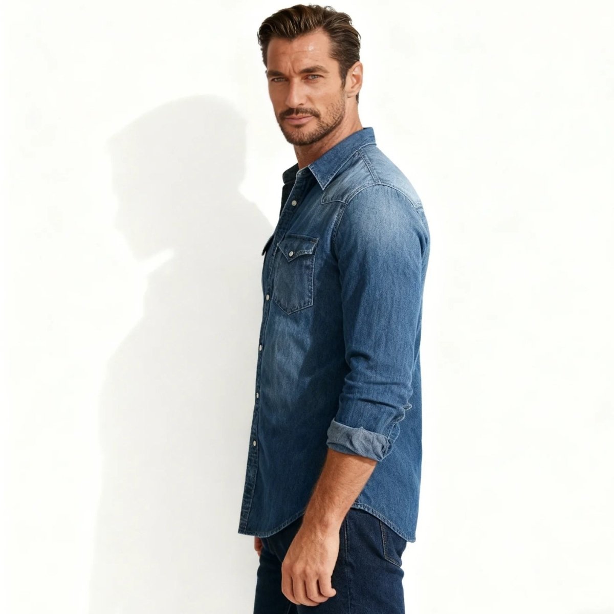 Man wearing a Navy blue Kouvr denim shirt on a white background