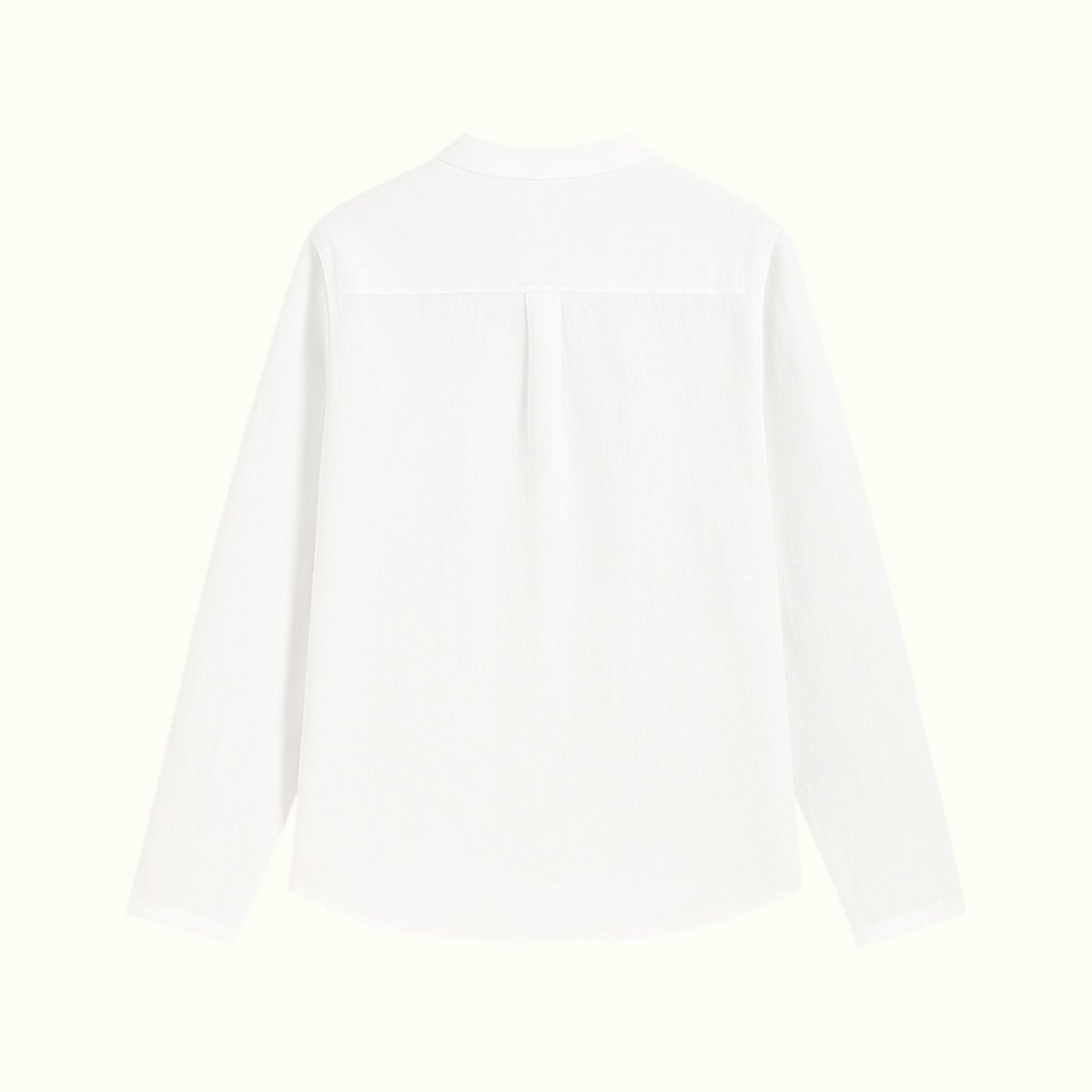 Flat lay of the back of the Kouvr men's white slub roby shirt, detailing the textured fabric and back yoke construction.