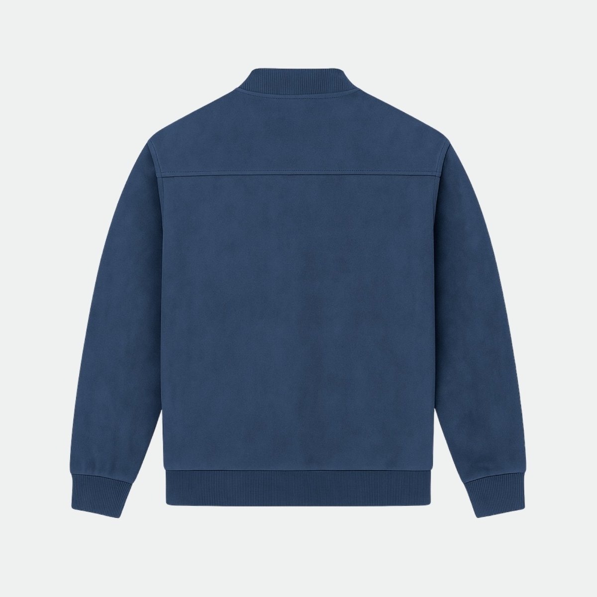 Back of the Kouvr Fashion slate blue suede bomber jacket, highlighting the clean lines and minimalist designer details.