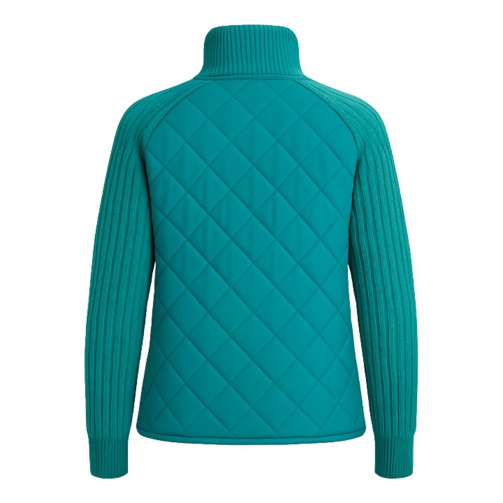 Studio back view of the Kouvr Mika Hybrid Jacket in Teal