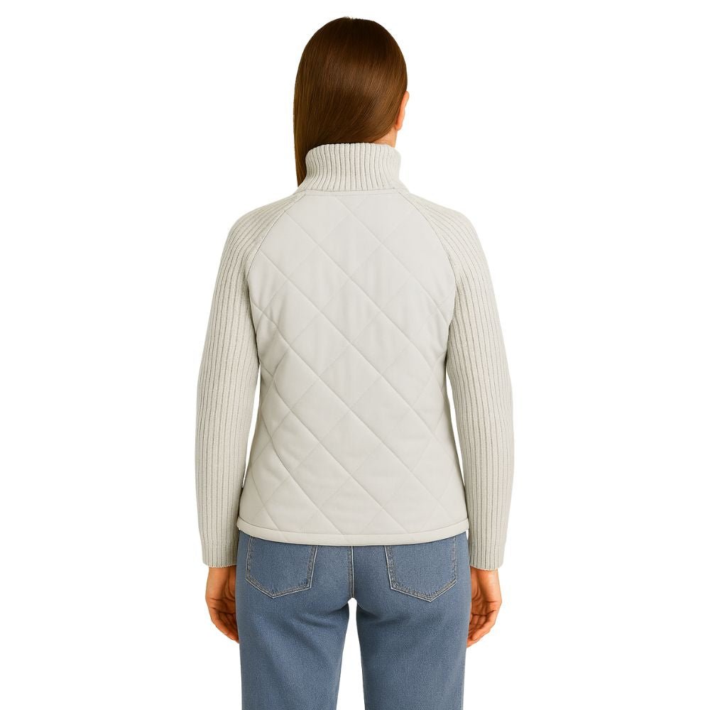 Back view of the women's Mika Hybrid Knit Puffer Jacket in gray, highlighting the diamond-quilted back panel and ribbed knit sleeves.