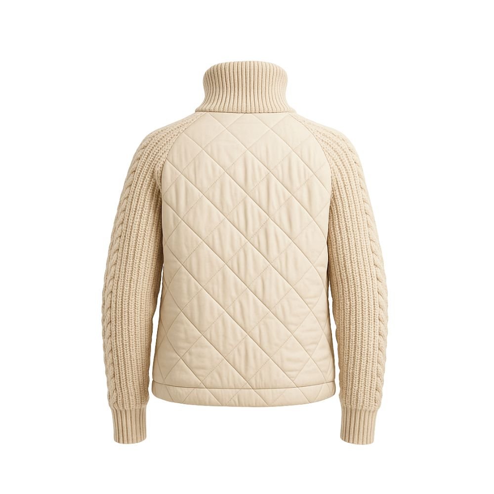 Woman wearing the Kouvr Mika khaki quilted jacket with cable knit sleeves, styled with jeans