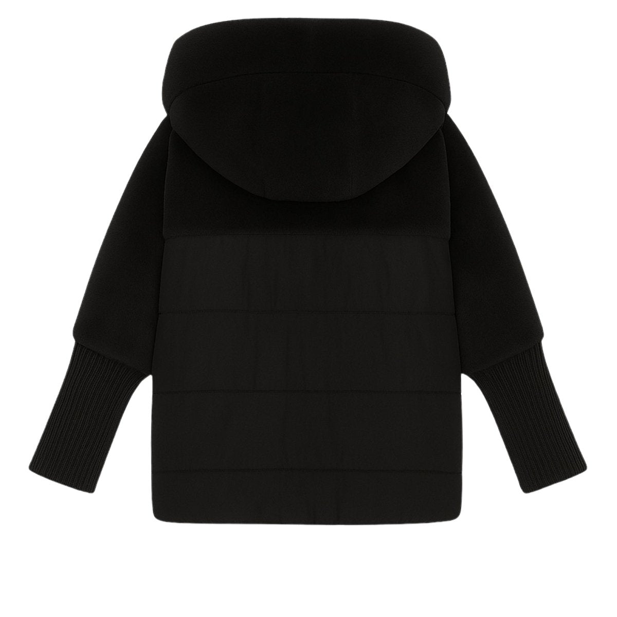 Flatlay of the back of the Kouvr black puffer jacket, displaying the horizontal quilting and shearling detail.