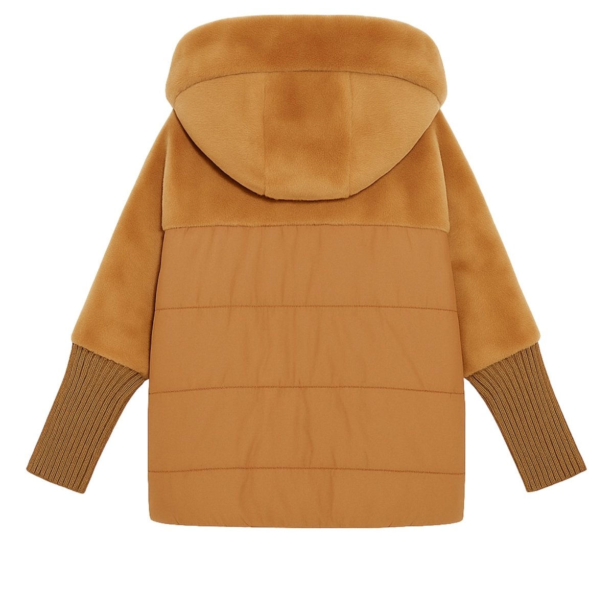 Flatlay of the back of the Kouvr deep khaki puffer jacket, displaying the horizontal quilting and shearling detail.