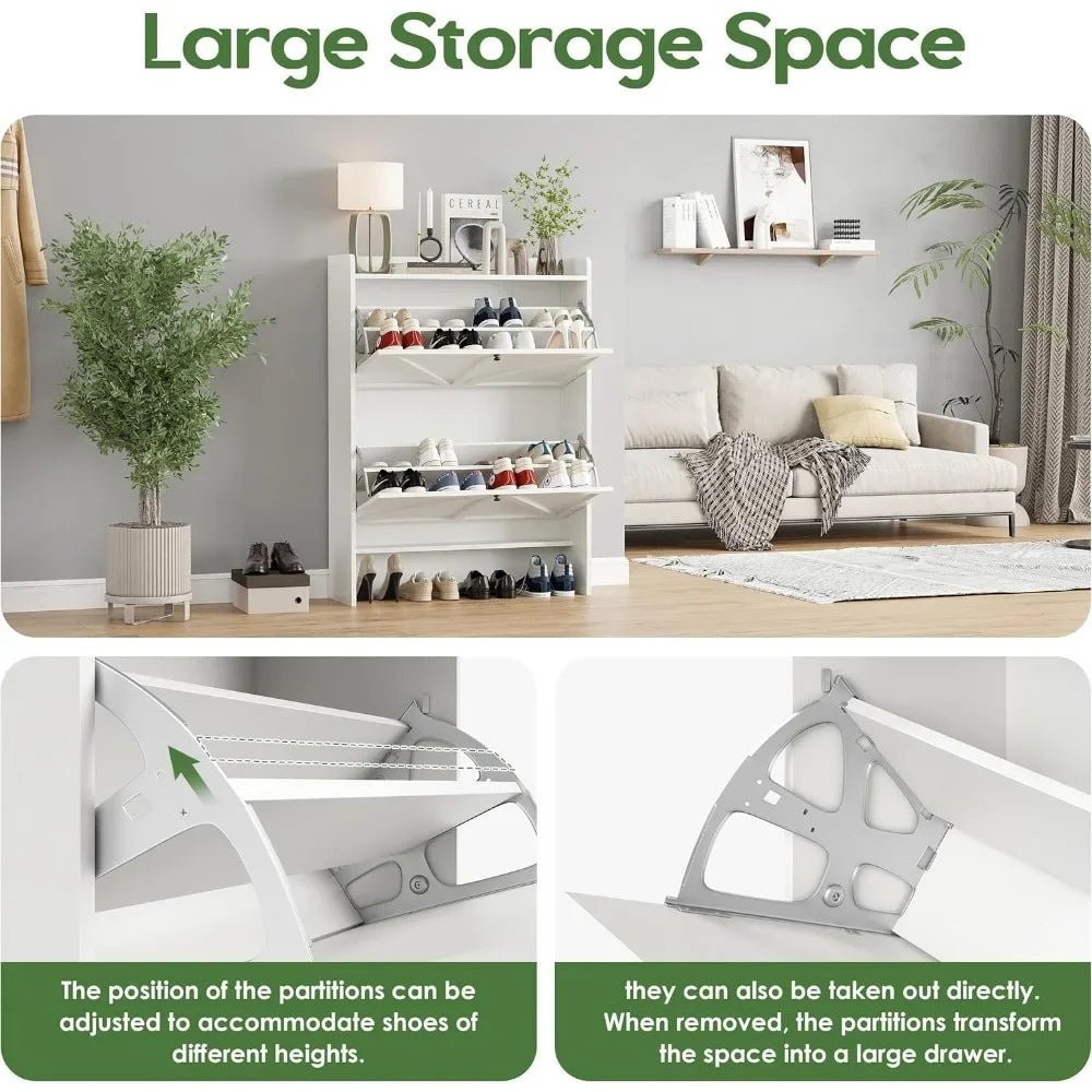 Living room with a white Kouvr shoe storage unit and adjustable partitions, featuring text about large storage space.