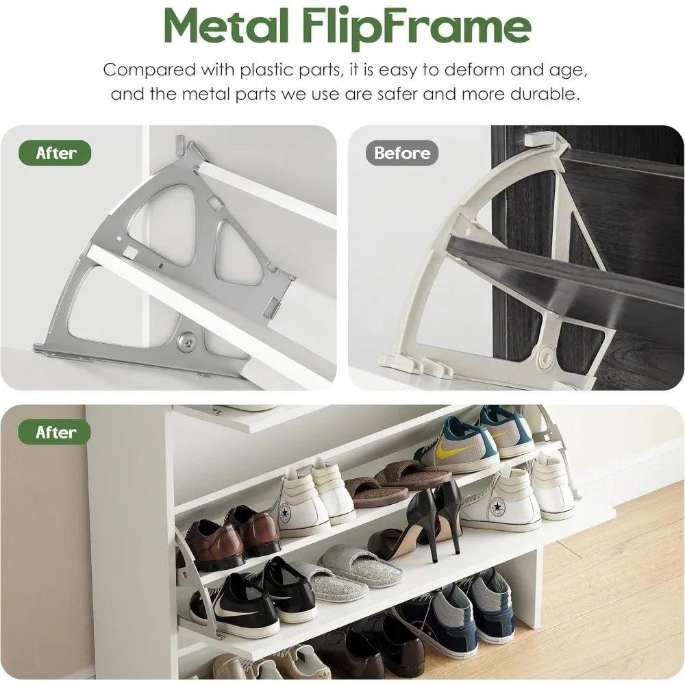 Metal flip frame Kouvr for shoe shelves with before and after comparison and shoe storage solution.