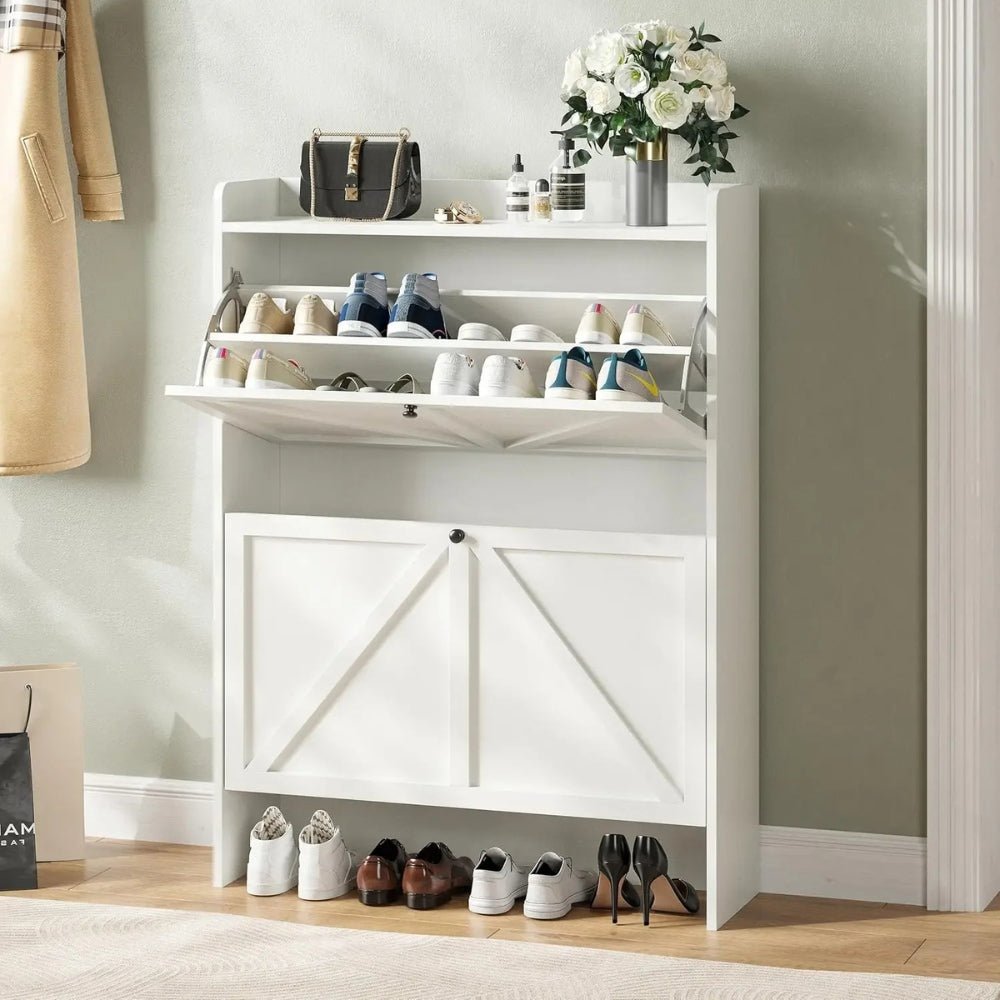 White Kouvr shoe cabinet with open door displaying shoes, closed door with shoes below, and decorative items on top.