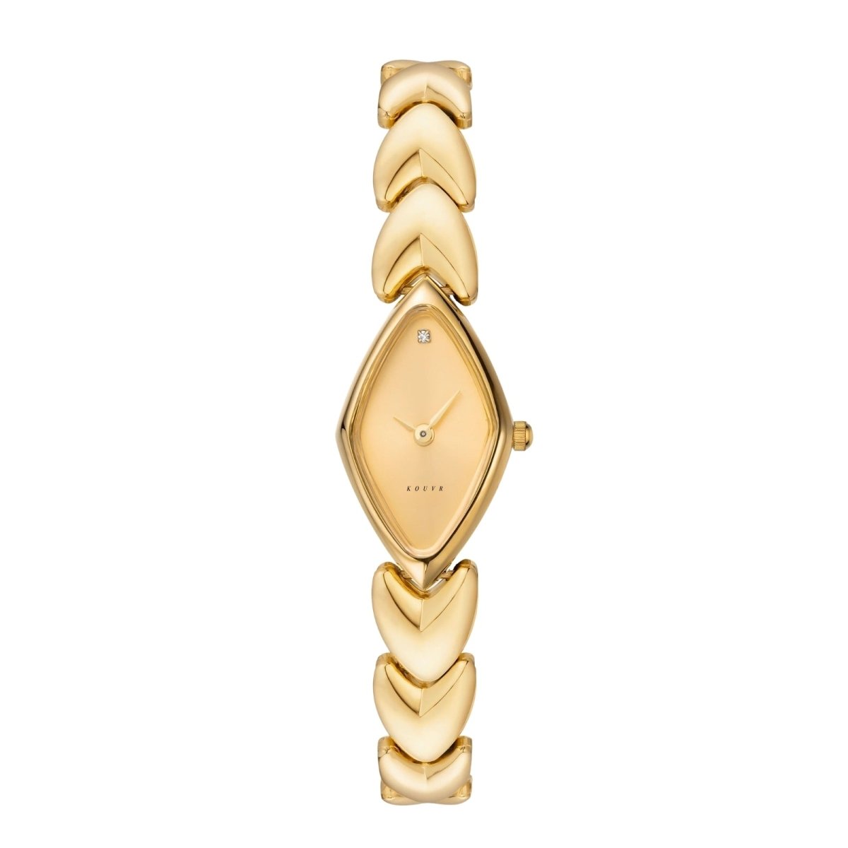Gold Kouvr watch with a decorative band on a white background