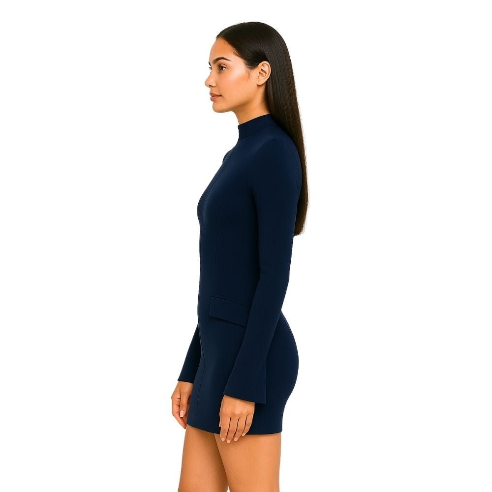 bell sleeve dress, flared cuff dress, high neck dress for women, form-fitting navy dress, sculpting bodycon dress, dress with flap pockets, sophisticated party dress, luxury going out dress
