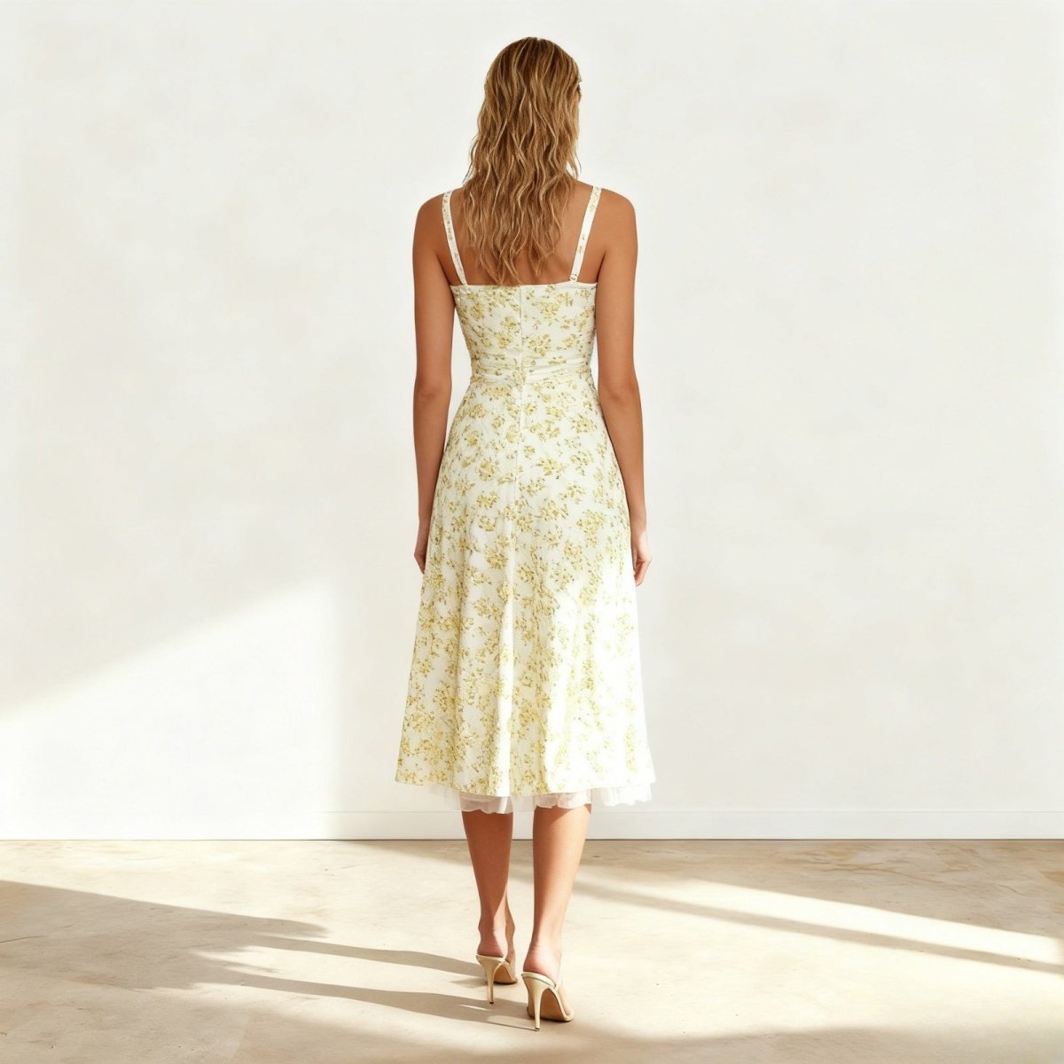 Woman wearing a white floral dress standing in a well-lit room with a white background