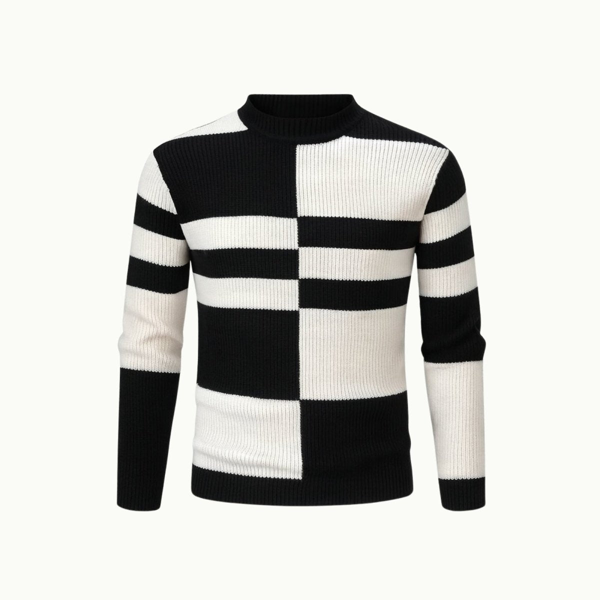 Flat lay product shot of the Kouvr Nerthus men's black and white ribbed mock neck sweater, front view.