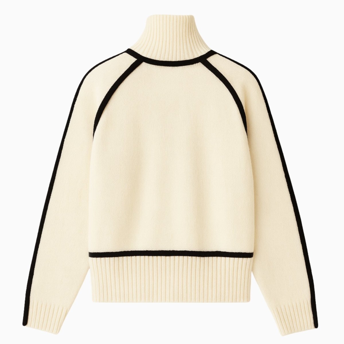 Flat lay of the back of the Kouvr white and black trim sweater, showing the full detail of the luxury knit construction.