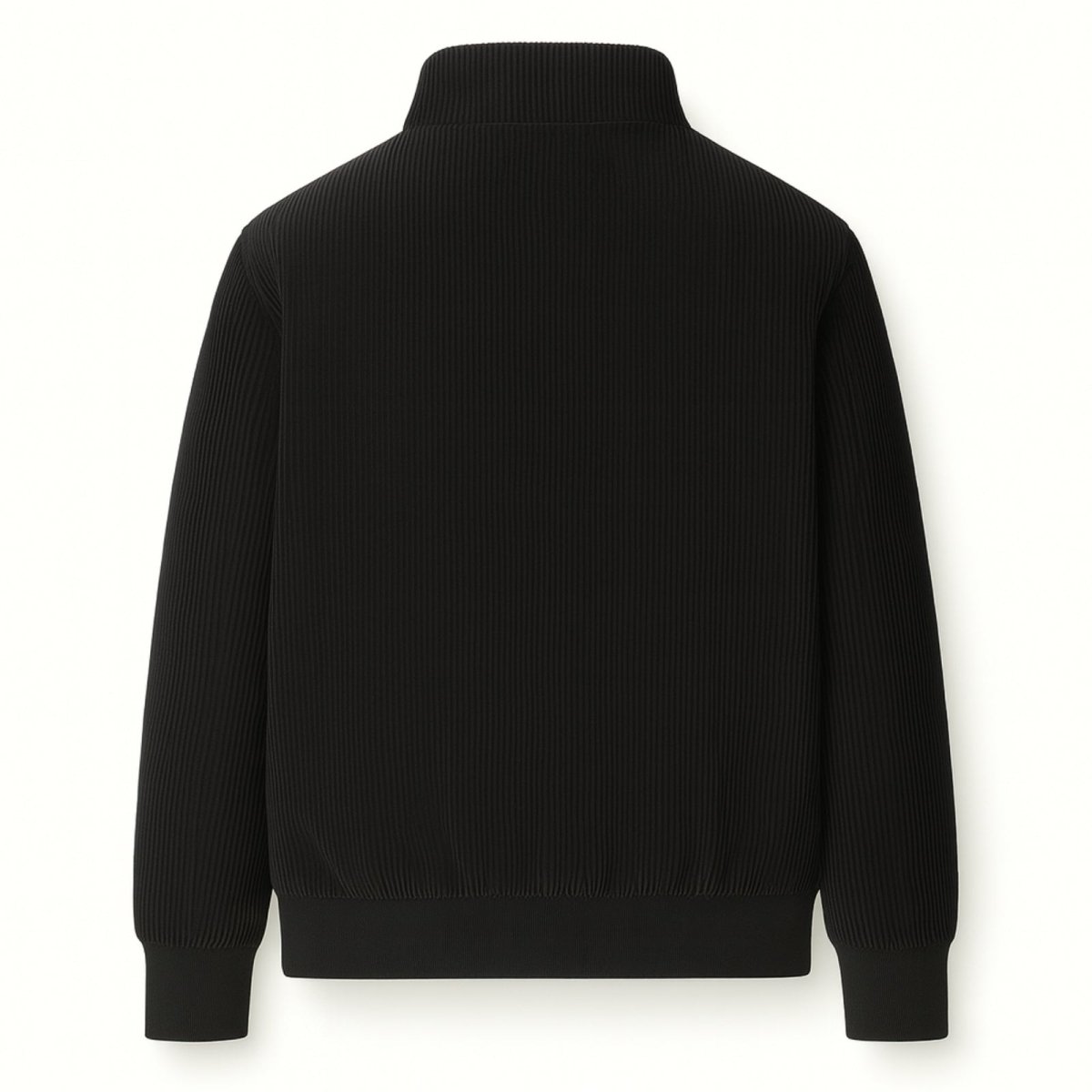 Flat lay of the zipped-up Kouvr Nick jacket in black corduroy, showing the exterior texture and silhouette from the back.