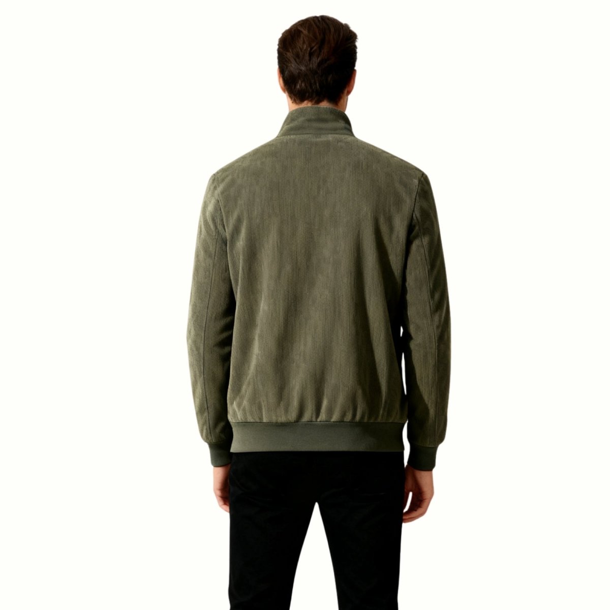 Close-up of the stand collar and sherpa lining on the Kouvr Nick men's corduroy jacket in army green.