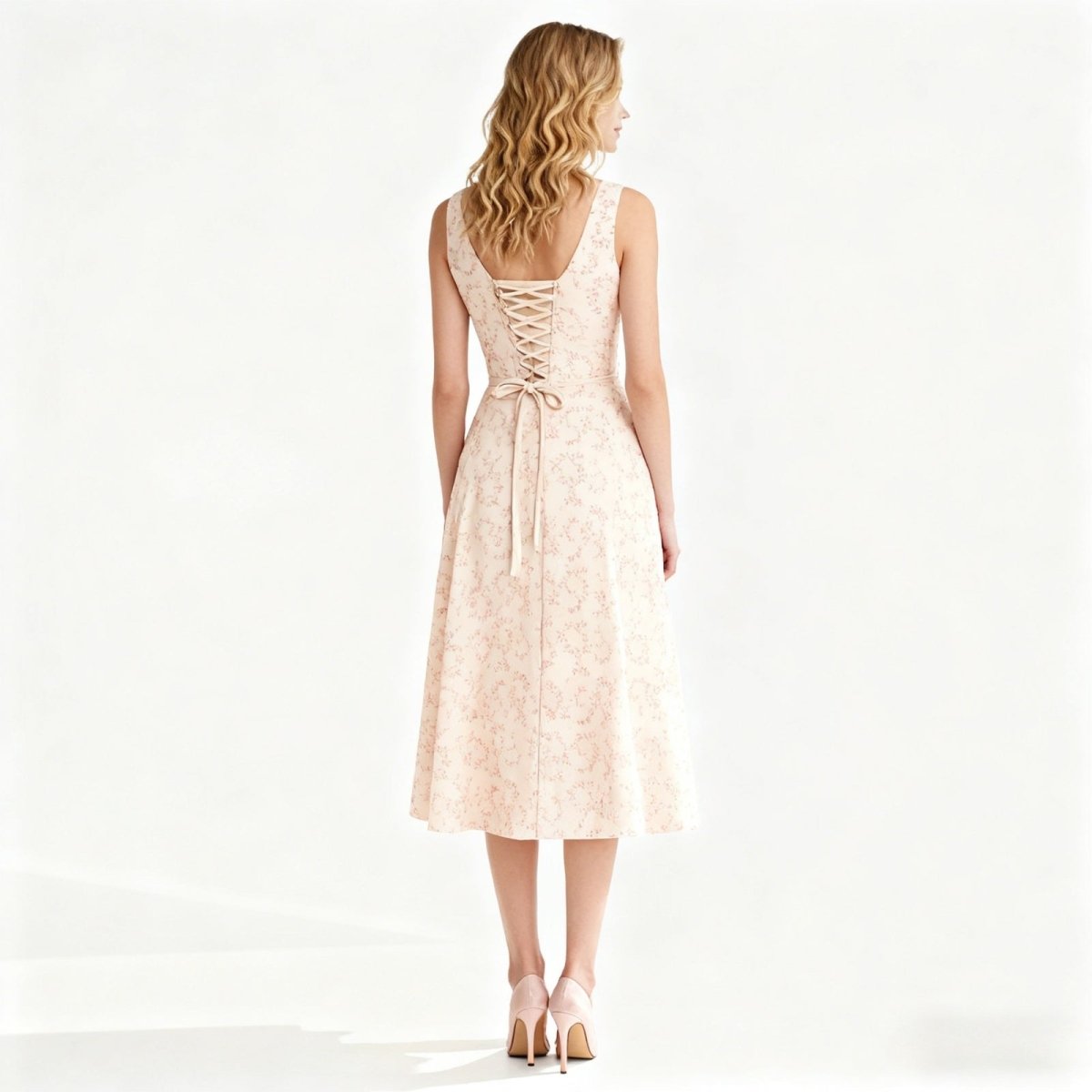 Woman wearing a light pink lace dress on a white background