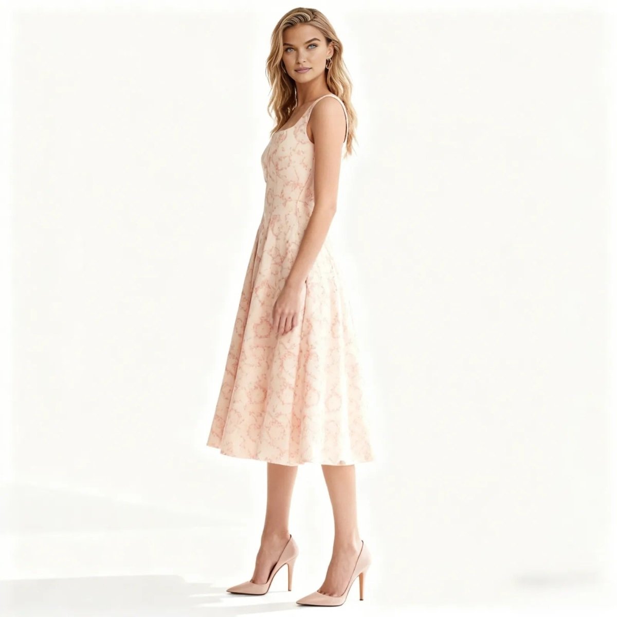 Woman wearing a light pink lace dress on a white background