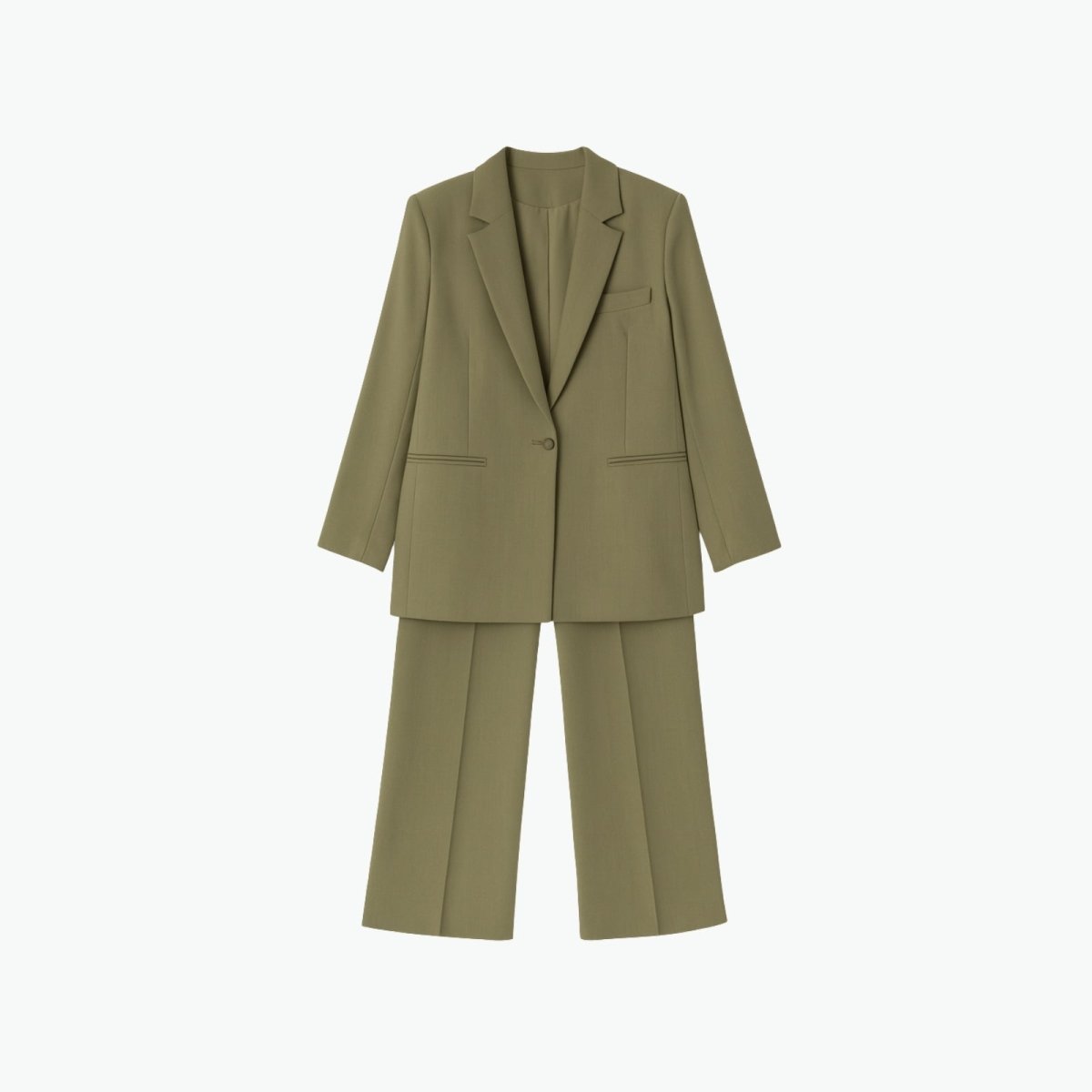 Flatlay of the Kouvr Fashion women's two-piece suit in olive green, showing the front of the single-breasted blazer and wide-leg trousers.