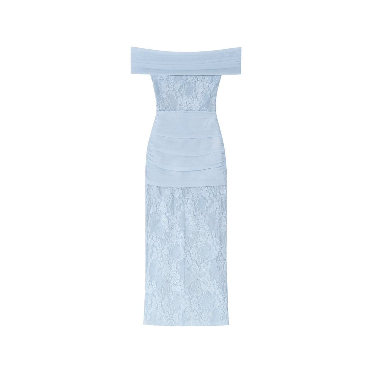 Light blue Kouvr off-shoulder dress with lace detailing on a white background
