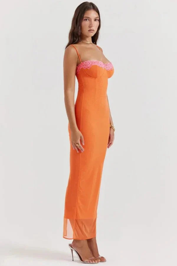 bustier top," "lace-up back," "sunset orange," "tangerine," and "statement occasion dress