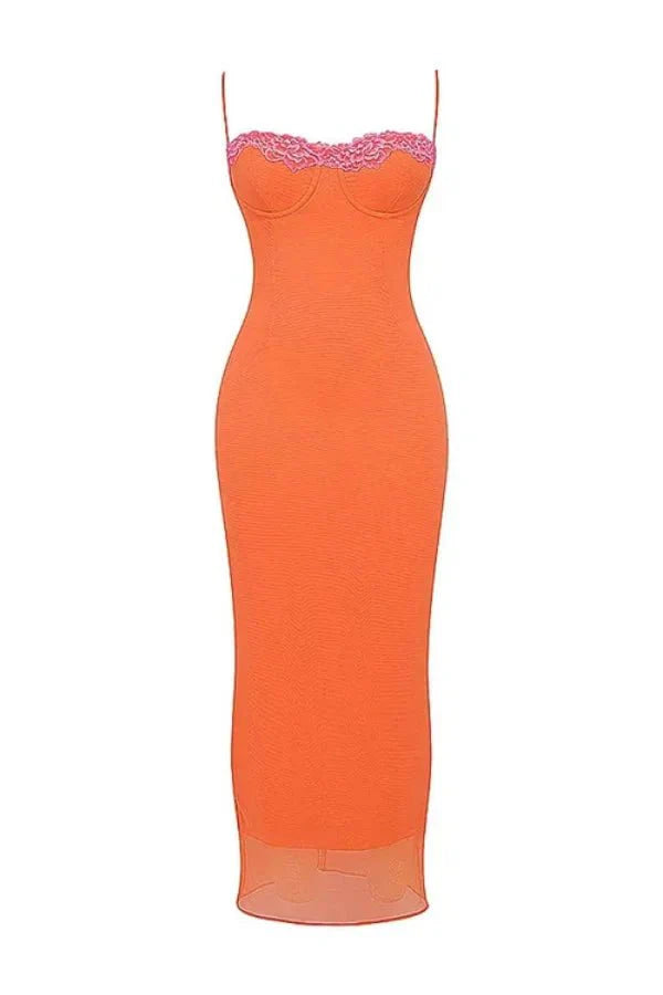 bustier top," "lace-up back," "sunset orange," "tangerine," and "statement occasion dress