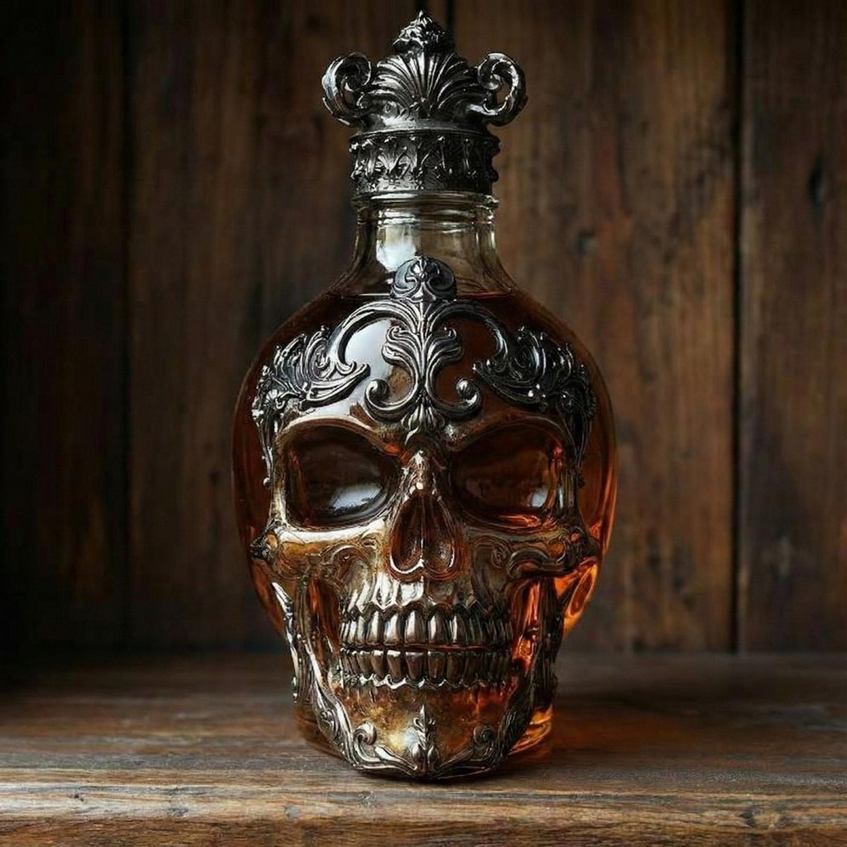 Front view of the Kouvr ornate skull whiskey decanter, highlighting the intricate silver metalwork over the face and a royal crown stopper.