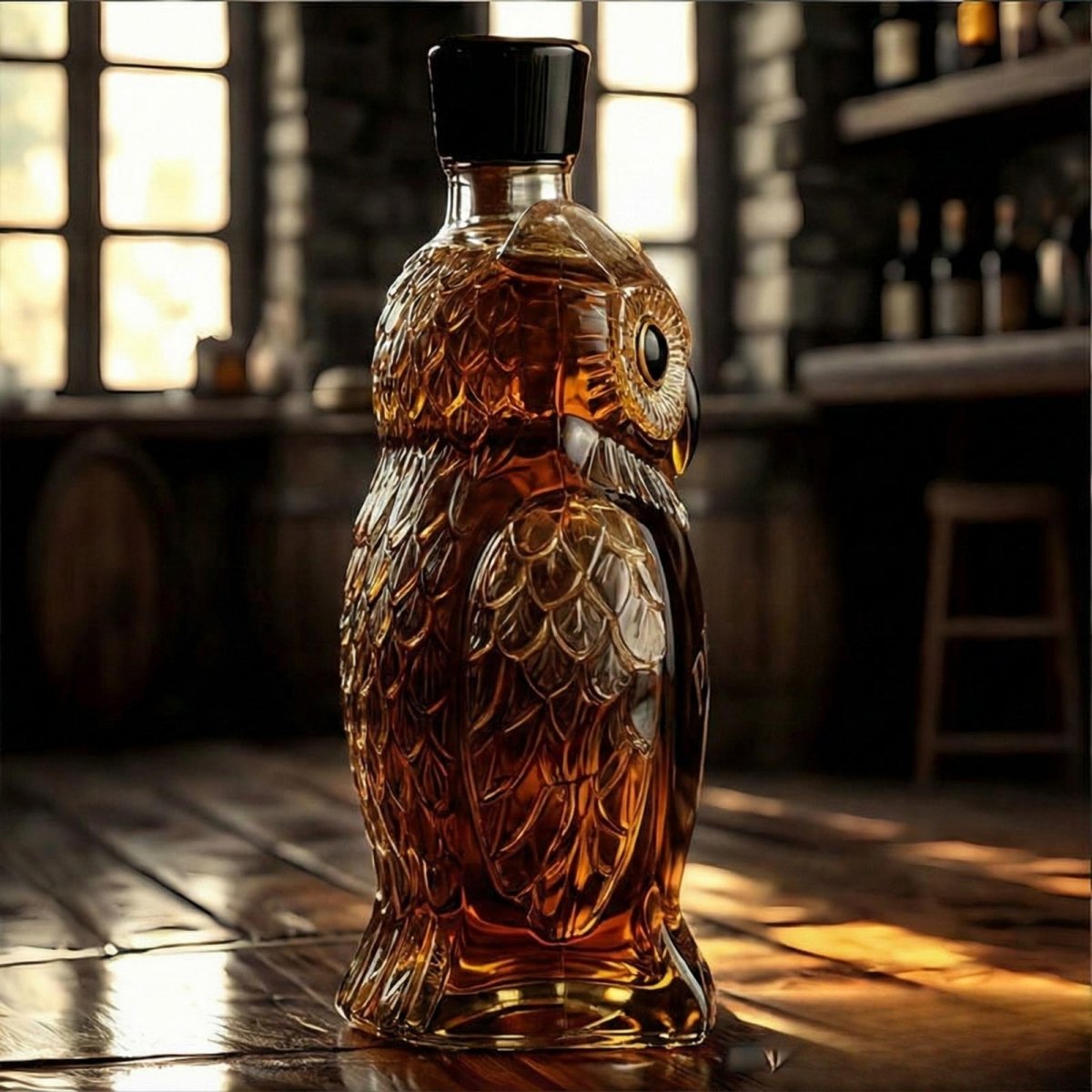 Side profile of the Kouvr glass owl liquor decanter, highlighting its sculptural shape and the dark amber color of the whiskey inside.