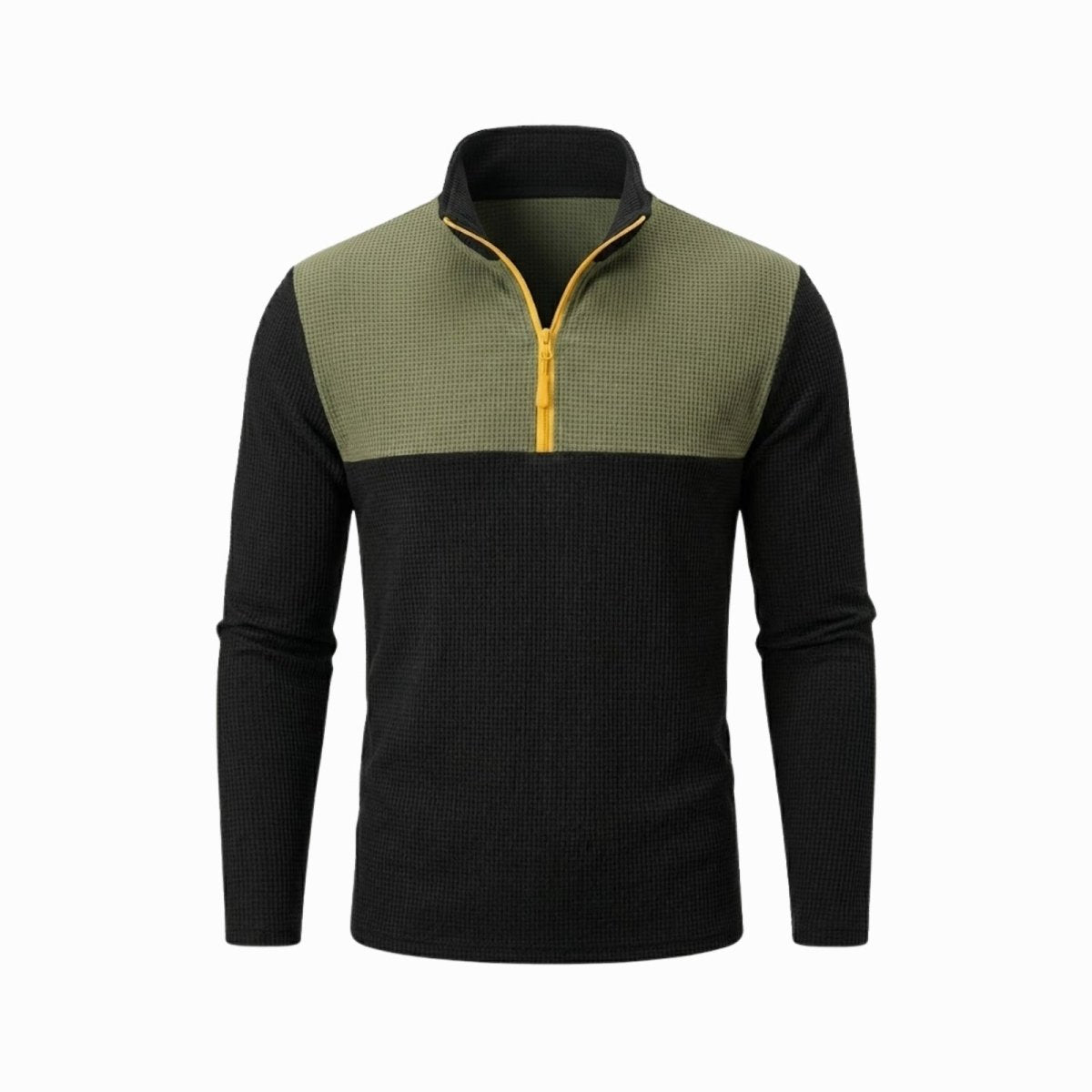 Front product shot of the Kouvr Ozzy half-zip sweater in olive and black on a white background, detailing the thermal waffle texture.