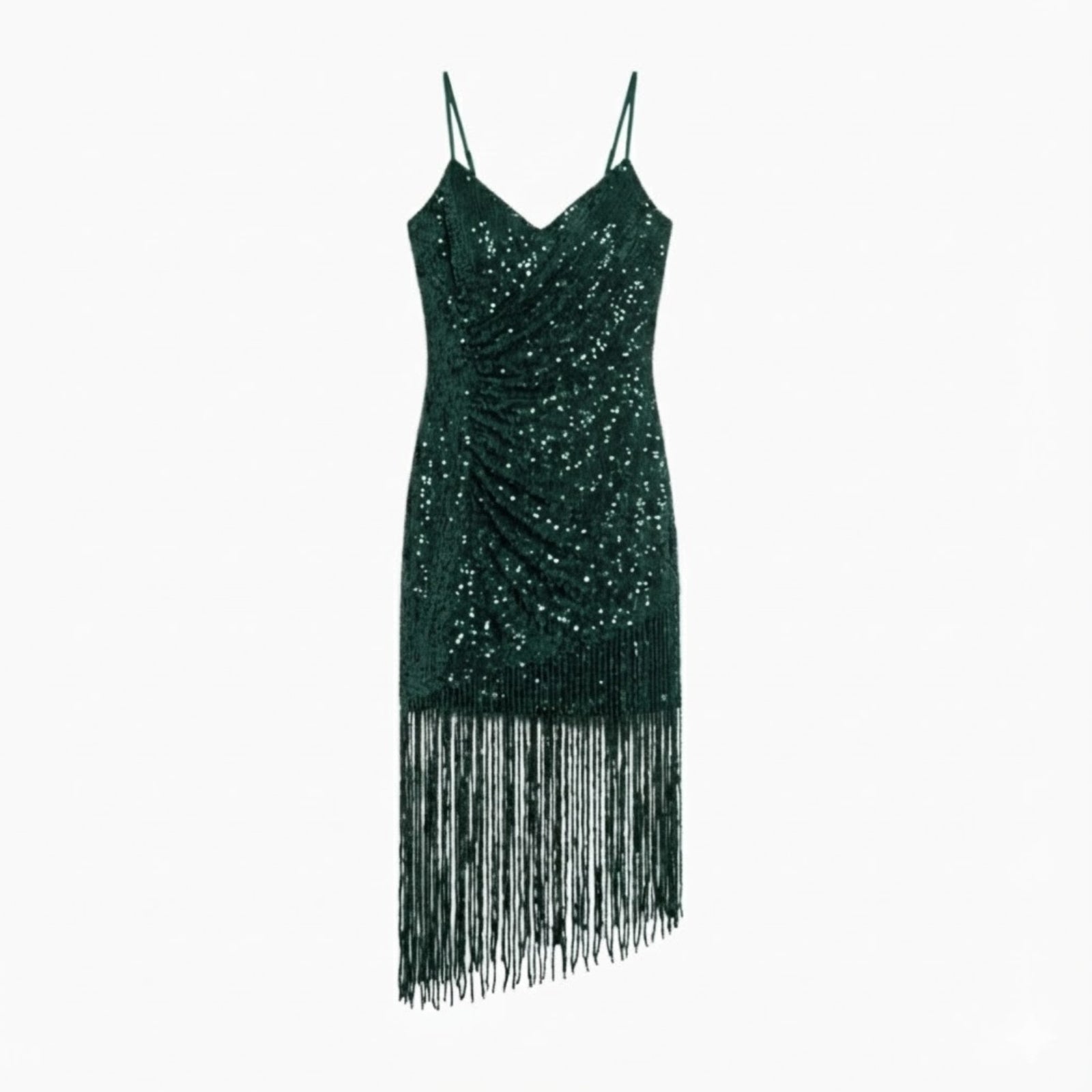 Product photo of an dark green V-neck sequin dress with asymmetrical fringe detail on a white background. 