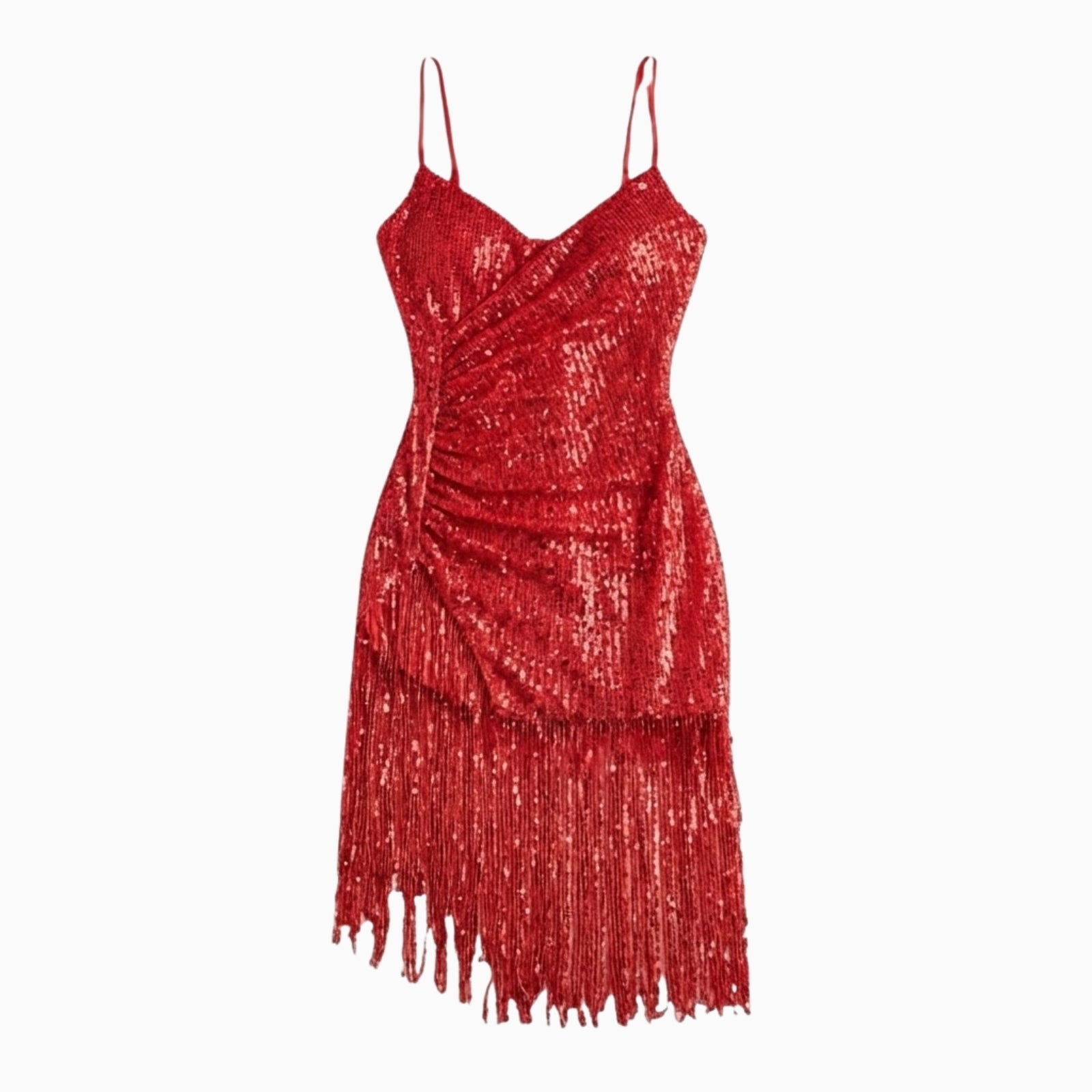 Product shot of the Kouvr Phaedra red sequin fringe dress laid flat, showing the v-neckline, side ruching, and asymmetrical fringe in detail.