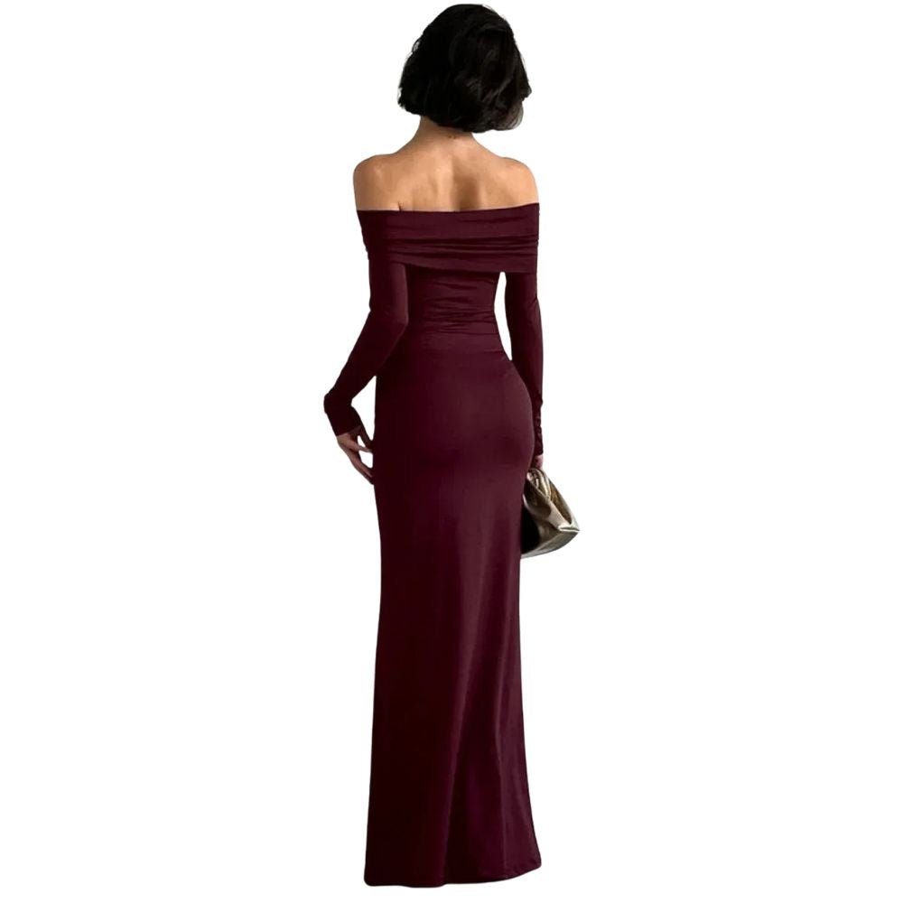 Burgundy kouvr long-sleeve off-shoulder dress on a white background