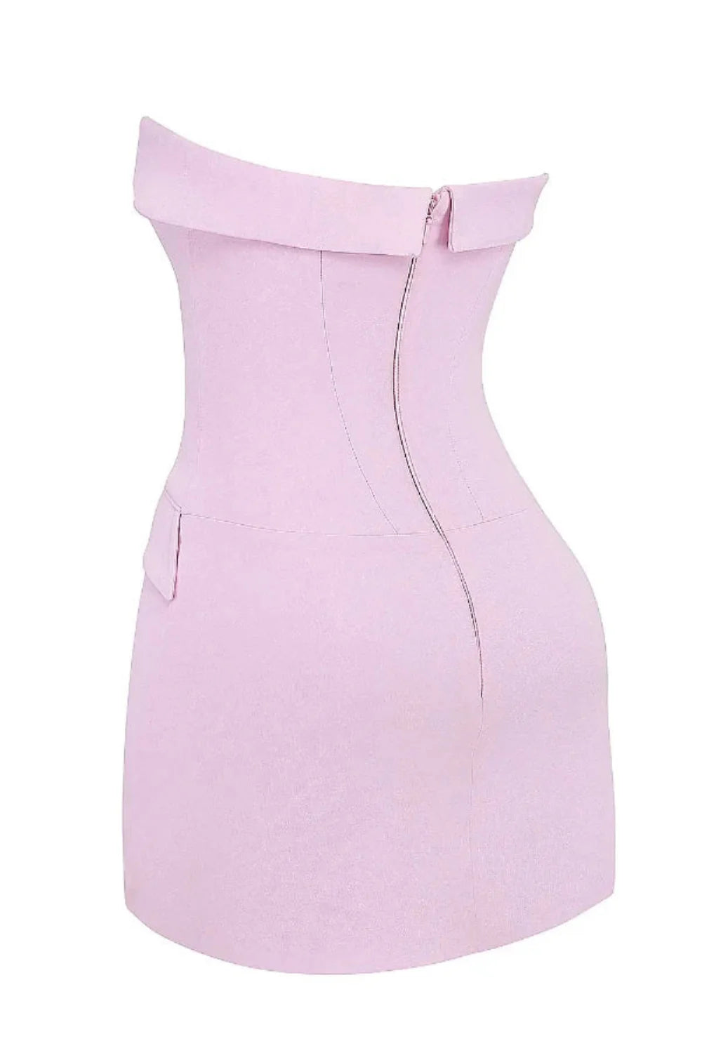 Model wearing the Kouvr strapless pink corset mini dress at an event