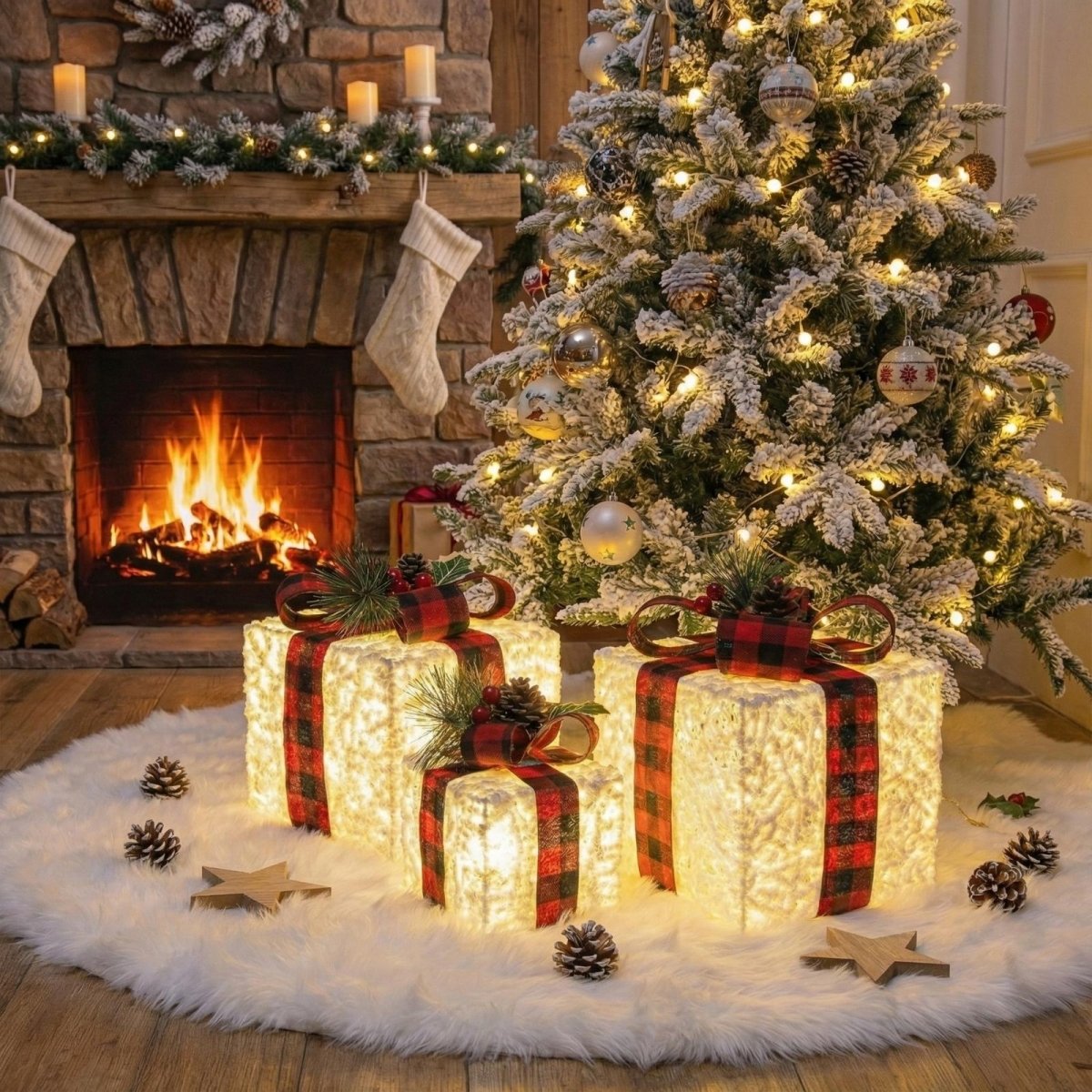 A trio of pre-lit rustic Christmas present boxes with pinecone accents, arranged on a white fur rug in front of a cozy fireplace scene.