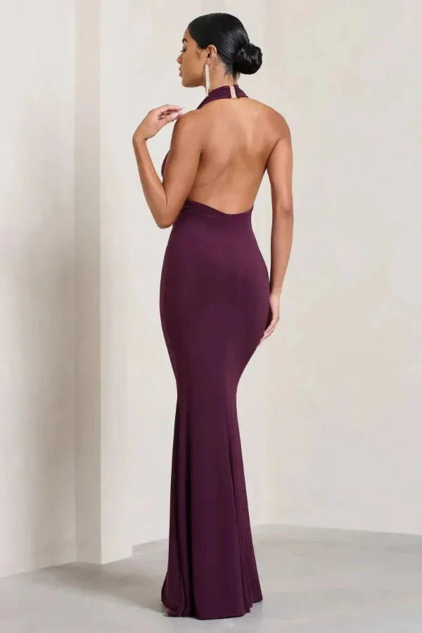 open-back, draped neckline, floor-length, fishtail silhouette, aubergine, wedding guest attire, black-tie dress