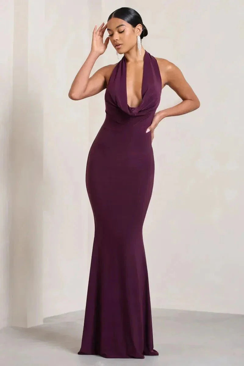 open-back, draped neckline, floor-length, fishtail silhouette, aubergine, wedding guest attire, black-tie dress