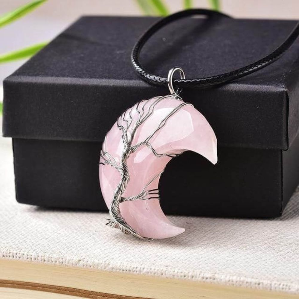 Kouvr Quartz Crescent Moon Necklace with a sterling silver wire wrapped Tree of Life