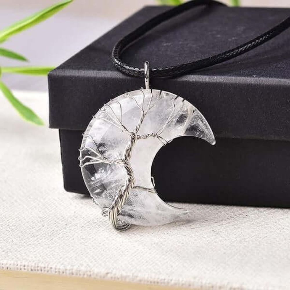 Kouvr Quartz Crescent Moon Necklace with a sterling silver wire wrapped Tree of Life