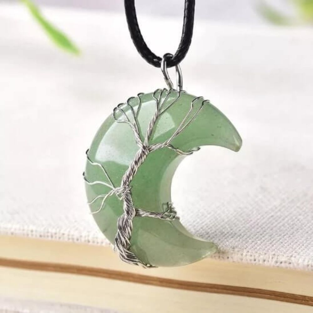 Kouvr Quartz Crescent Moon Necklace with a sterling silver wire wrapped Tree of Life
