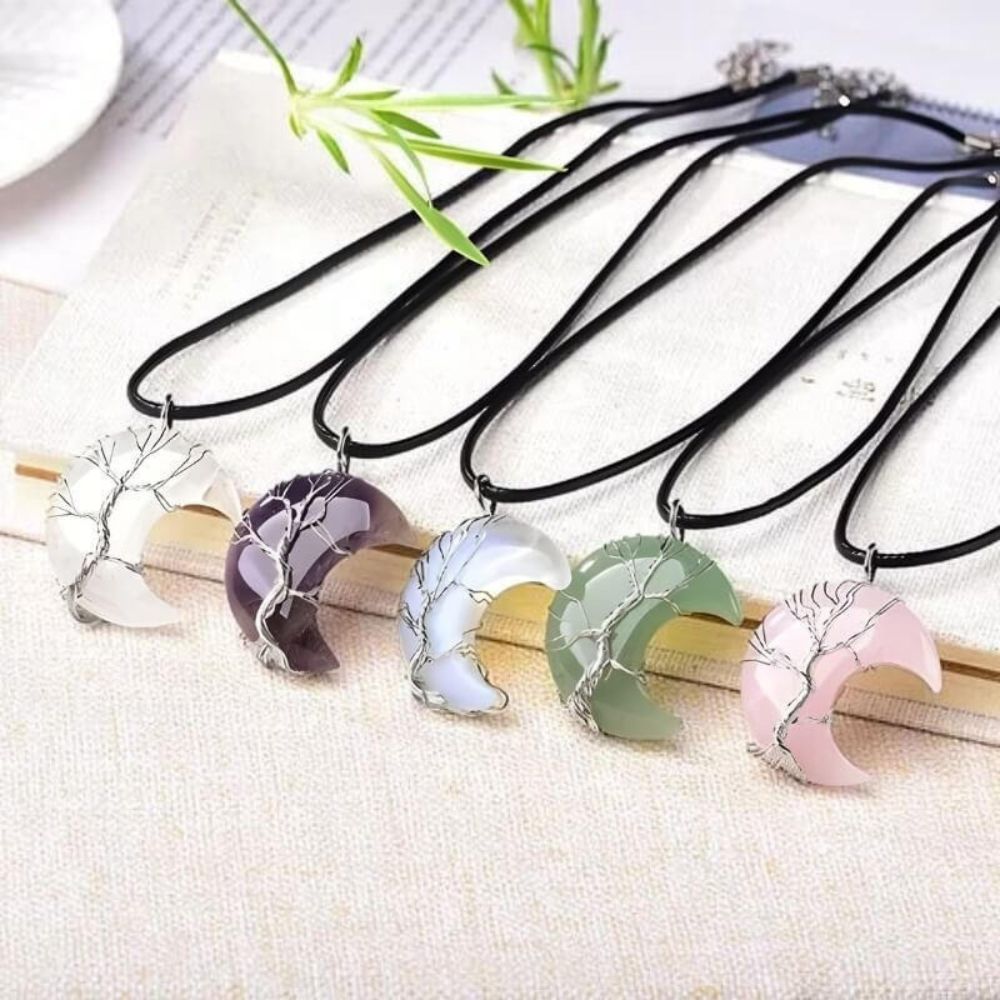 Kouvr Quartz Crescent Moon Necklace with a sterling silver wire wrapped Tree of Life