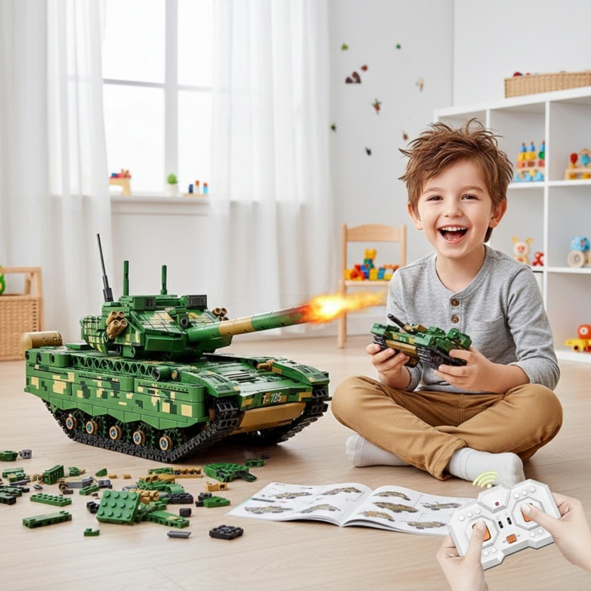 Happy young boy smiling while playing with the completed Kouvr Type 99A remote control tank building kit in his playroom.