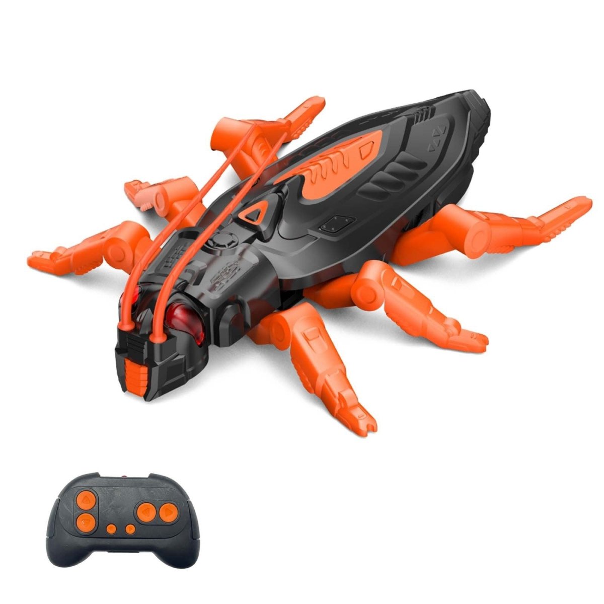 An orange and black remote-controlled wall-climbing insect model by Kouvr, with six legs and glowing red eyes, next to its matching controller.